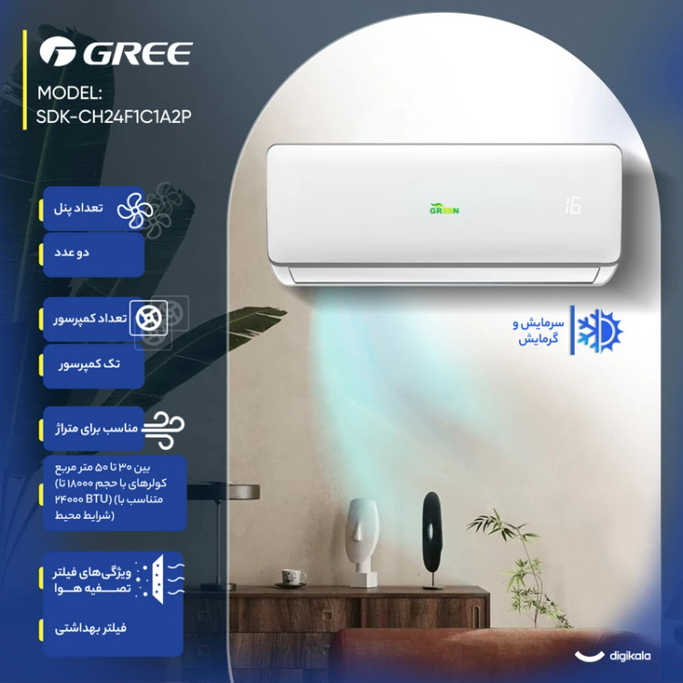 کولر گازی اسپلیت دیواری 24000 اینورتر گرین مدل SDK-CH24F1C1A2P