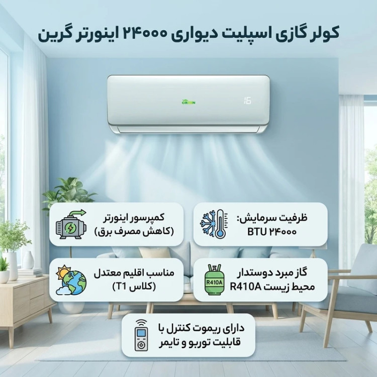 کولر گازی اسپلیت دیواری 24000 اینورتر گرین مدل SDK-CH24F1C1A2P